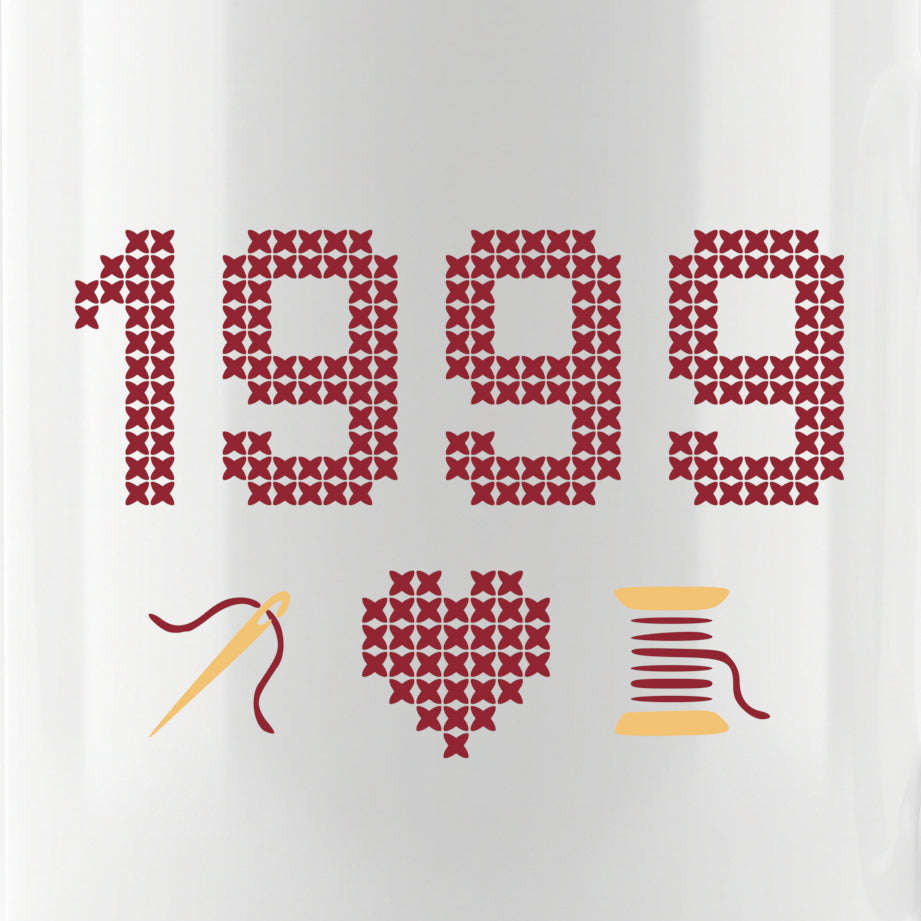 "[Year]" Custom Faux Cross Stitch Coffee Cup | Personalized Year