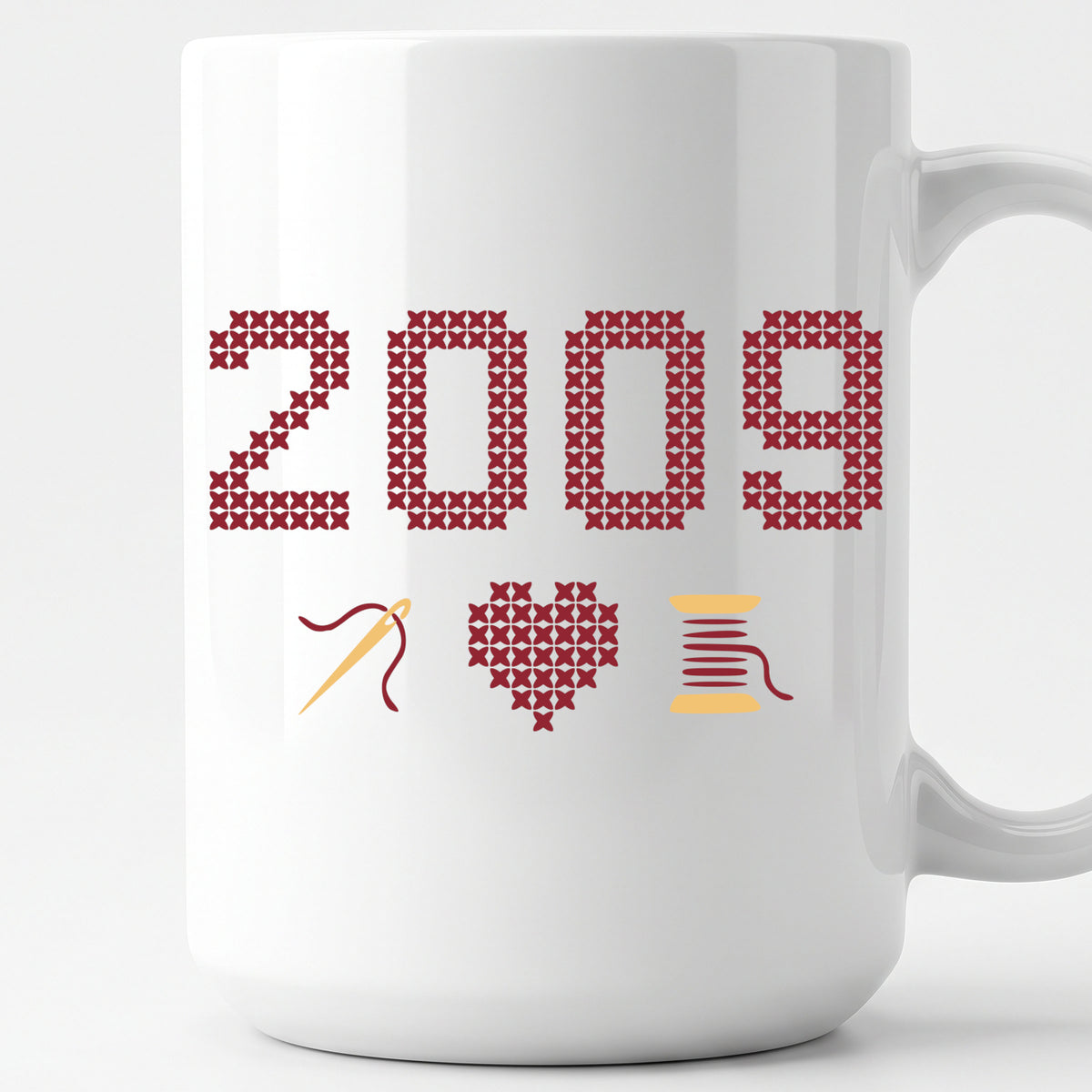 "[Year]" Custom Faux Cross Stitch Coffee Cup | Personalized Year