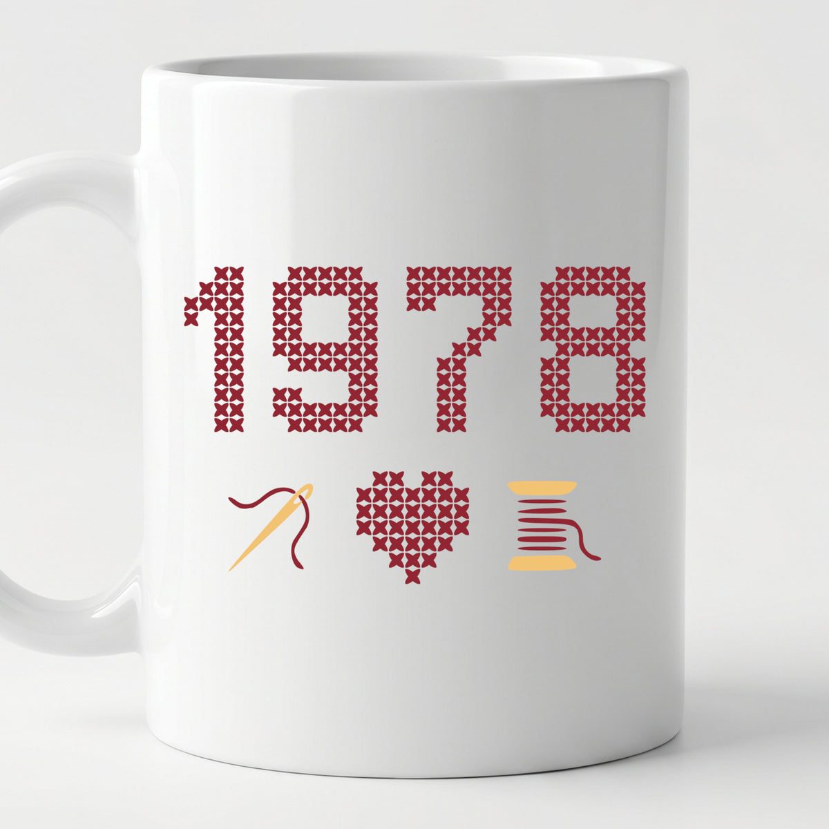 "[Year]" Custom Faux Cross Stitch Coffee Cup | Personalized Year
