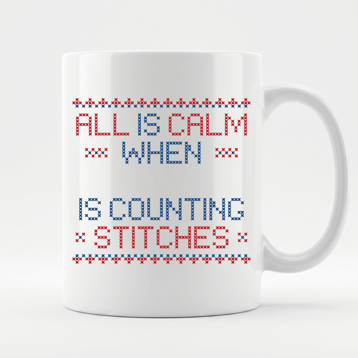 "All is calm when [Name] is counting stitches" Personalized Faux Cross Stitch Mug | Custom Name