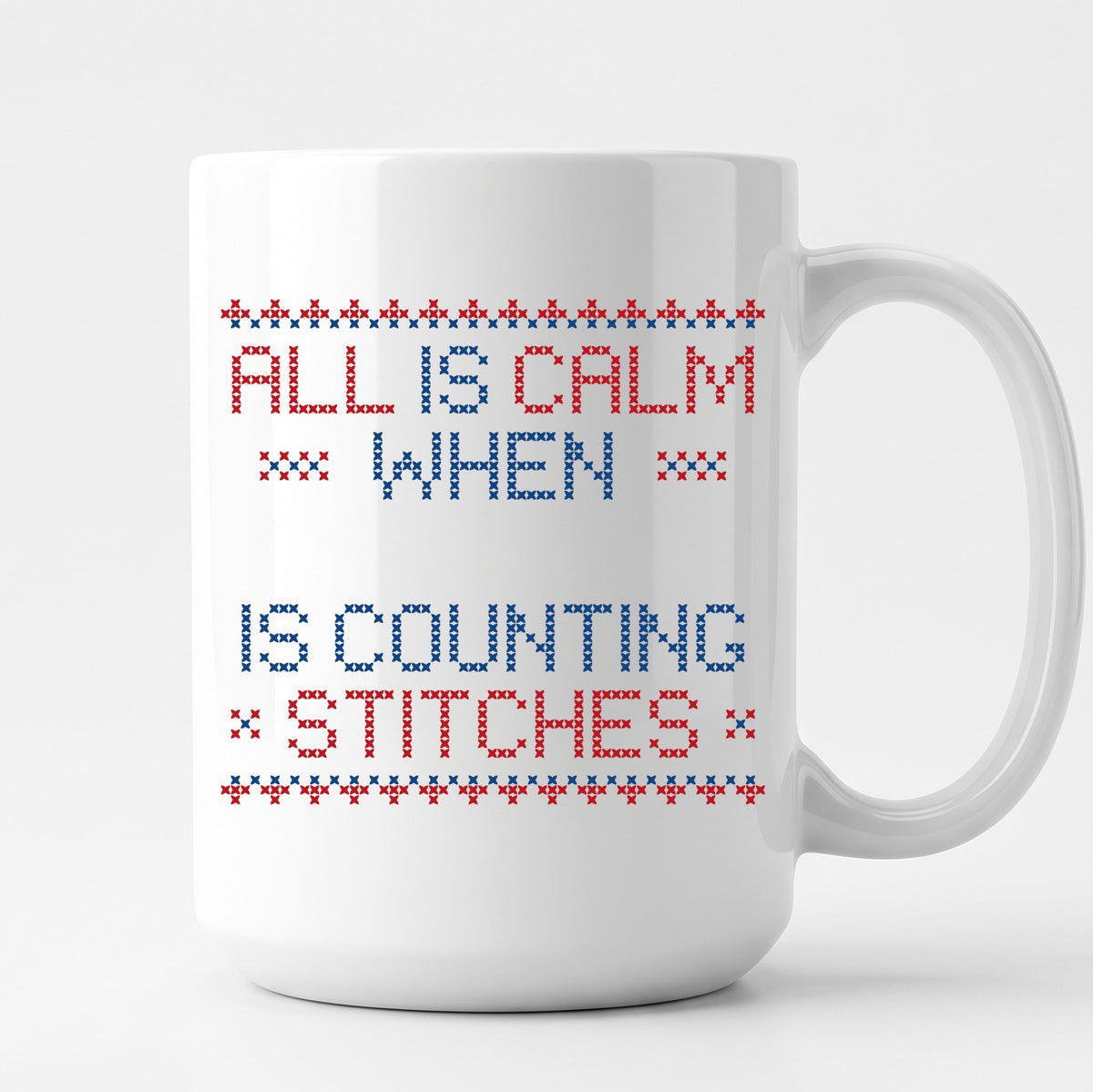 "All is calm when [Name] is counting stitches" Personalized Faux Cross Stitch Mug | Custom Name