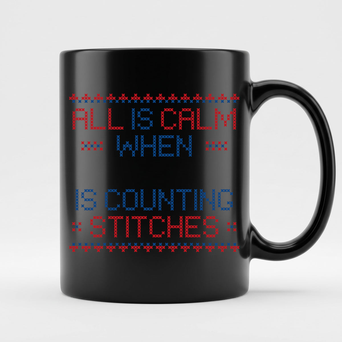 "All is calm when [Name] is counting stitches" Personalized Faux Cross Stitch Mug | Custom Name