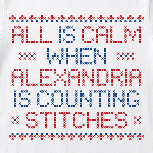 "All is calm when [Name] is counting stitches" Personalized Faux Cross Stitch T-Shirt | Custom Name