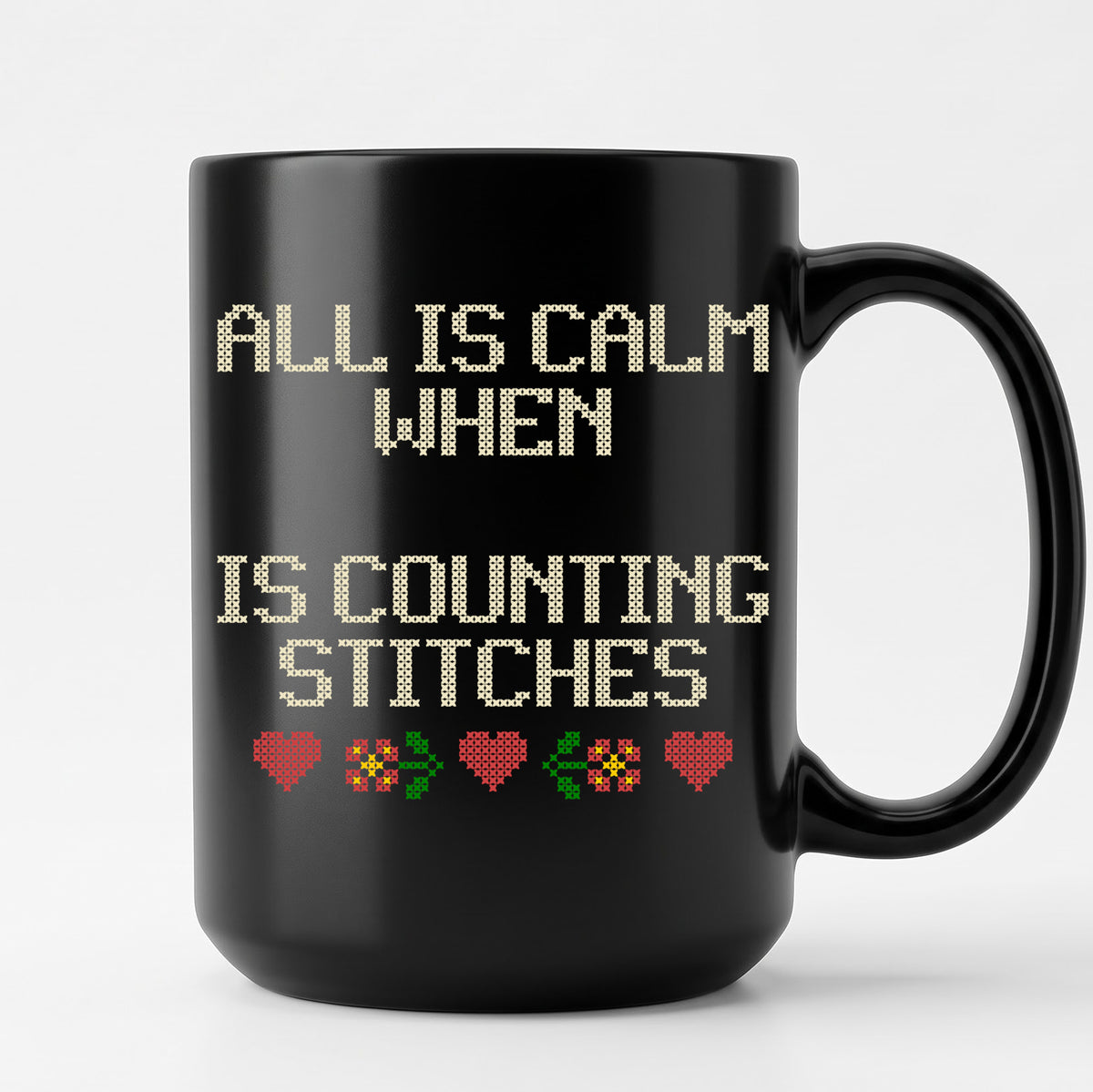 "All is calm when [Name] is counting stitches" Custom Faux Cross Stitch Coffee Cup | Personalized Name