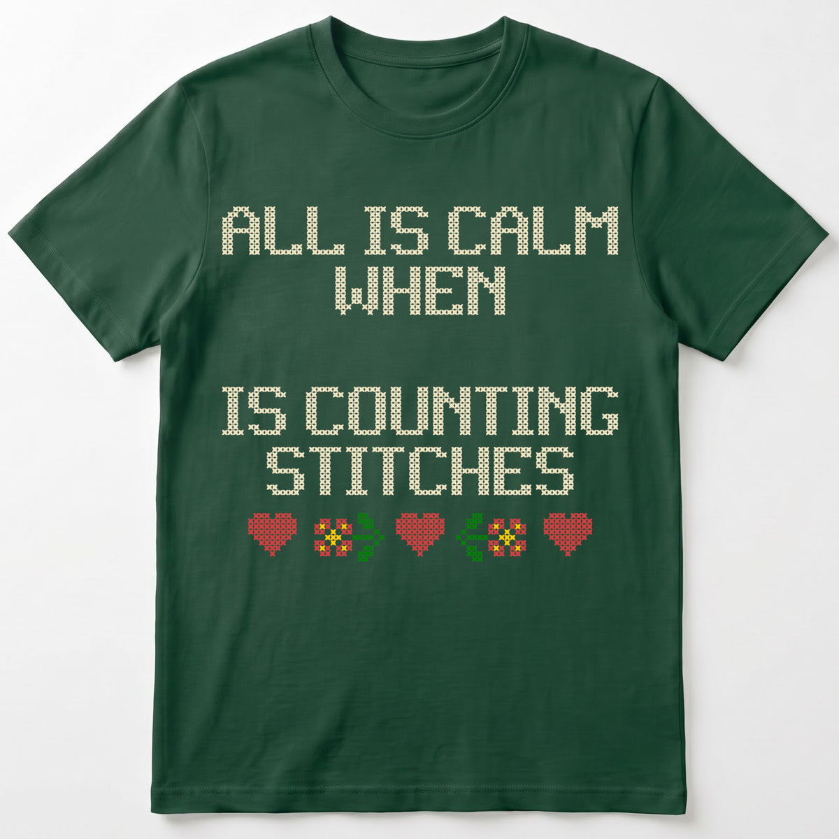 "All is calm when [Name] is counting stitches" Custom Faux Cross Stitch Tee | Personalized Name