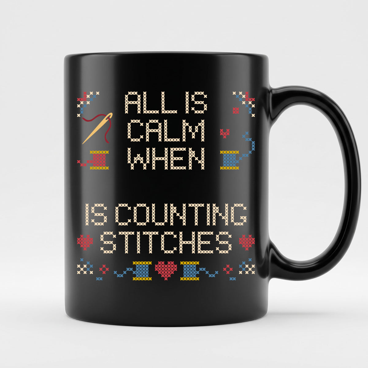 "All is calm when [Name] is counting stitches" Faux Cross Stitch Mug | Custom Name Coffee Cup