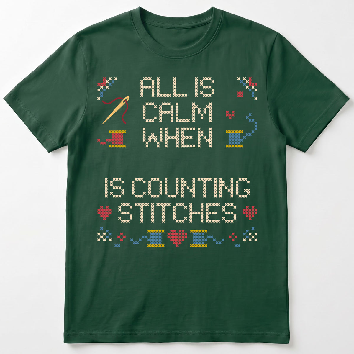 "All is calm when [Name] is counting stitches" Faux Cross Stitch Tee | Custom Name T-Shirt