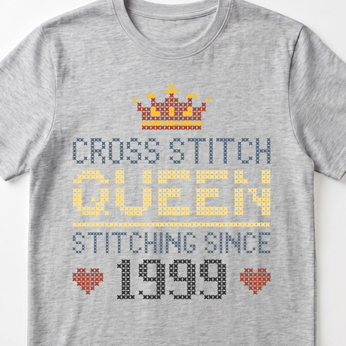 "Cross Stitch Queen [Year]" Faux Cross Stitch T-Shirt | Custom Year