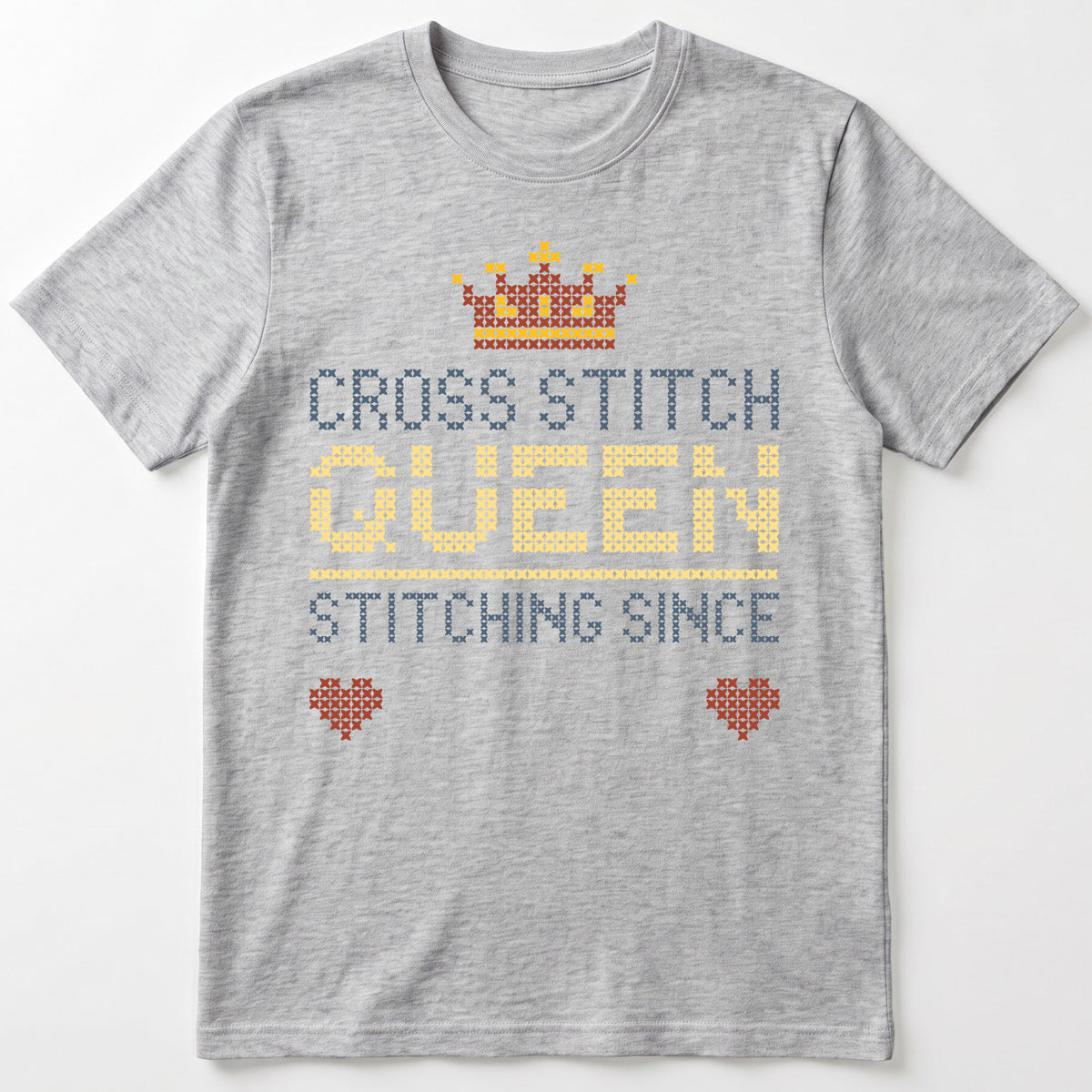 "Cross Stitch Queen [Year]" Faux Cross Stitch T-Shirt | Custom Year