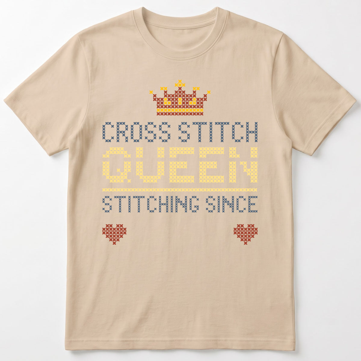 "Cross Stitch Queen [Year]" Faux Cross Stitch T-Shirt | Custom Year