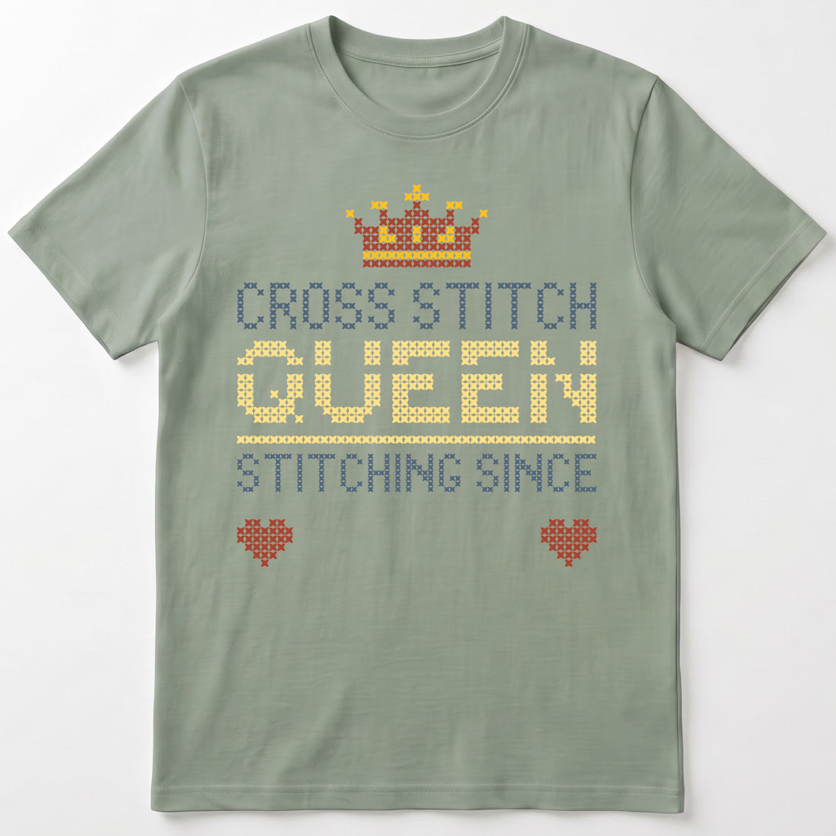 "Cross Stitch Queen [Year]" Faux Cross Stitch T-Shirt | Custom Year