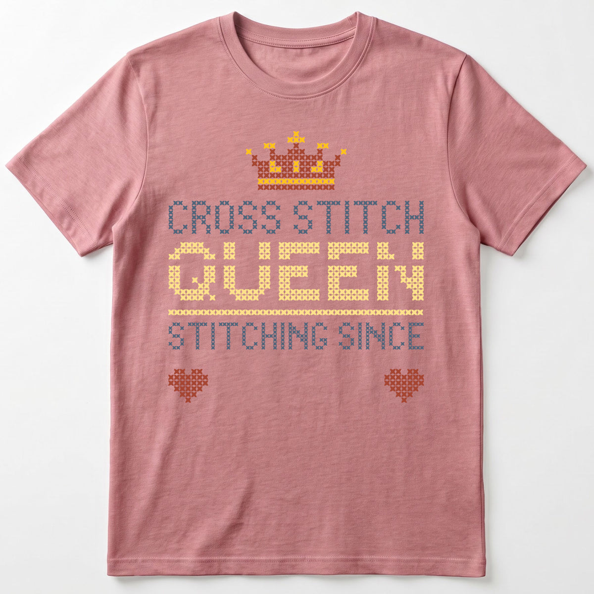 "Cross Stitch Queen [Year]" Faux Cross Stitch T-Shirt | Custom Year