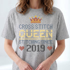 "Cross Stitch Queen [Year]" Faux Cross Stitch T-Shirt | Custom Year