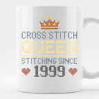 "Cross Stitch Queen [Year]" Faux Cross Stitch Coffee Cup | Custom Year