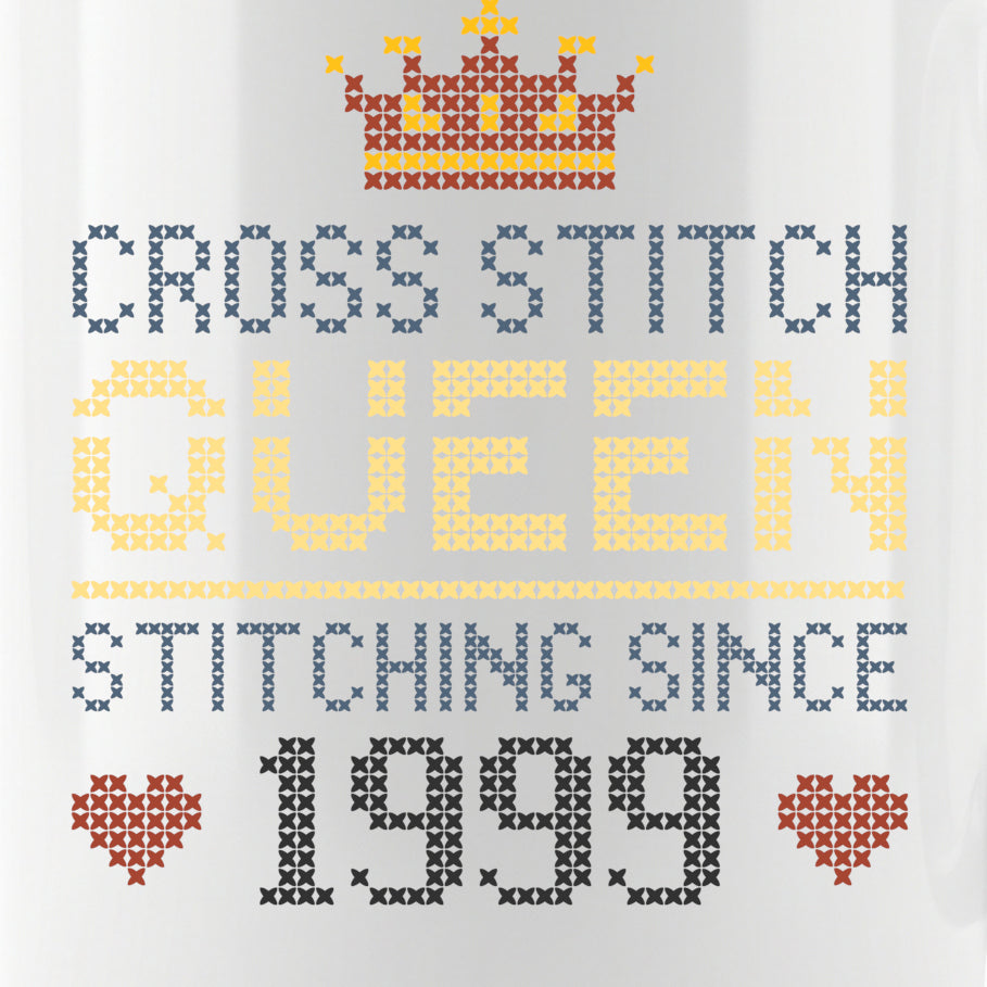 "Cross Stitch Queen [Year]" Faux Cross Stitch Coffee Cup | Custom Year