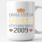 "Cross Stitch Queen [Year]" Faux Cross Stitch Coffee Cup | Custom Year