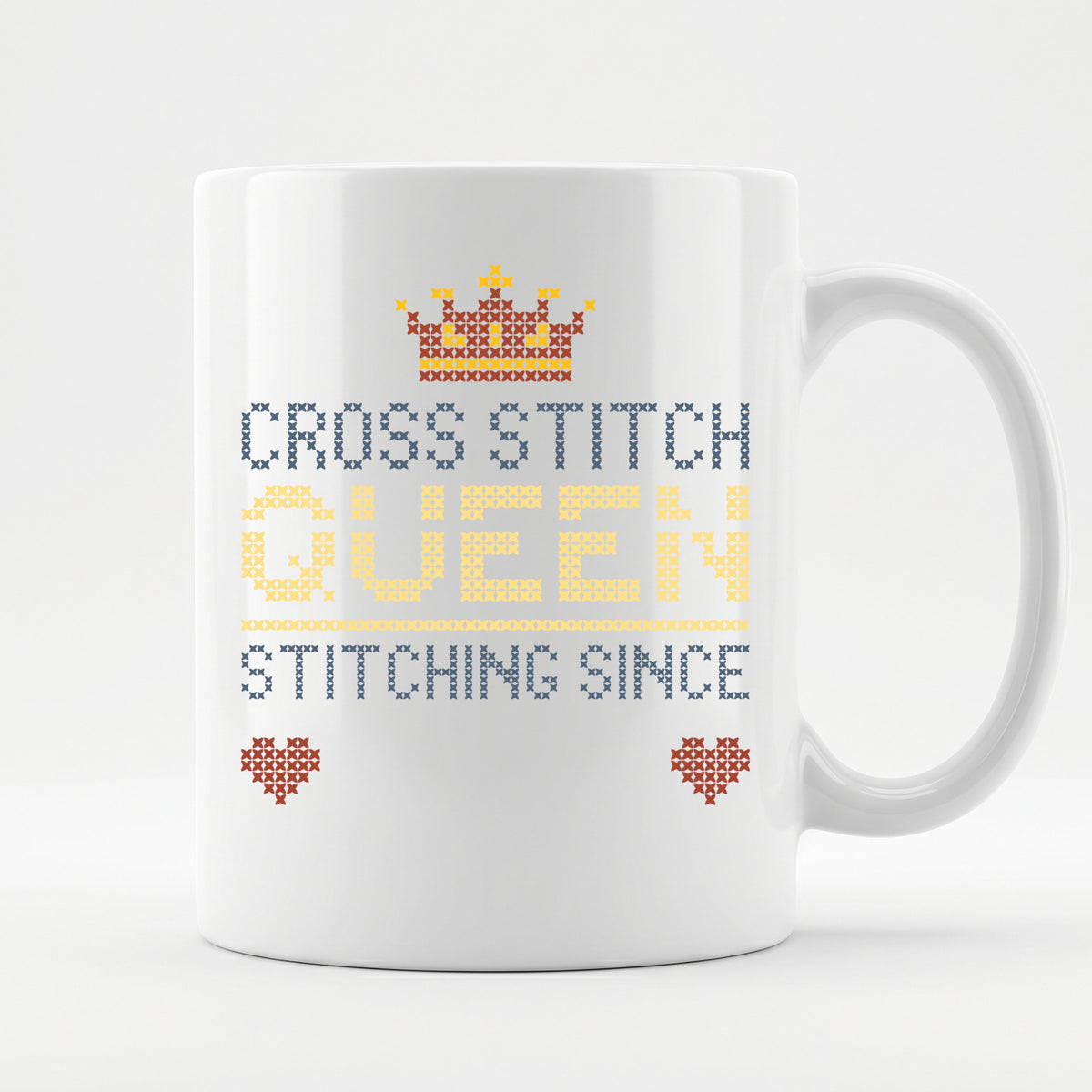 "Cross Stitch Queen [Year]" Faux Cross Stitch Coffee Cup | Custom Year