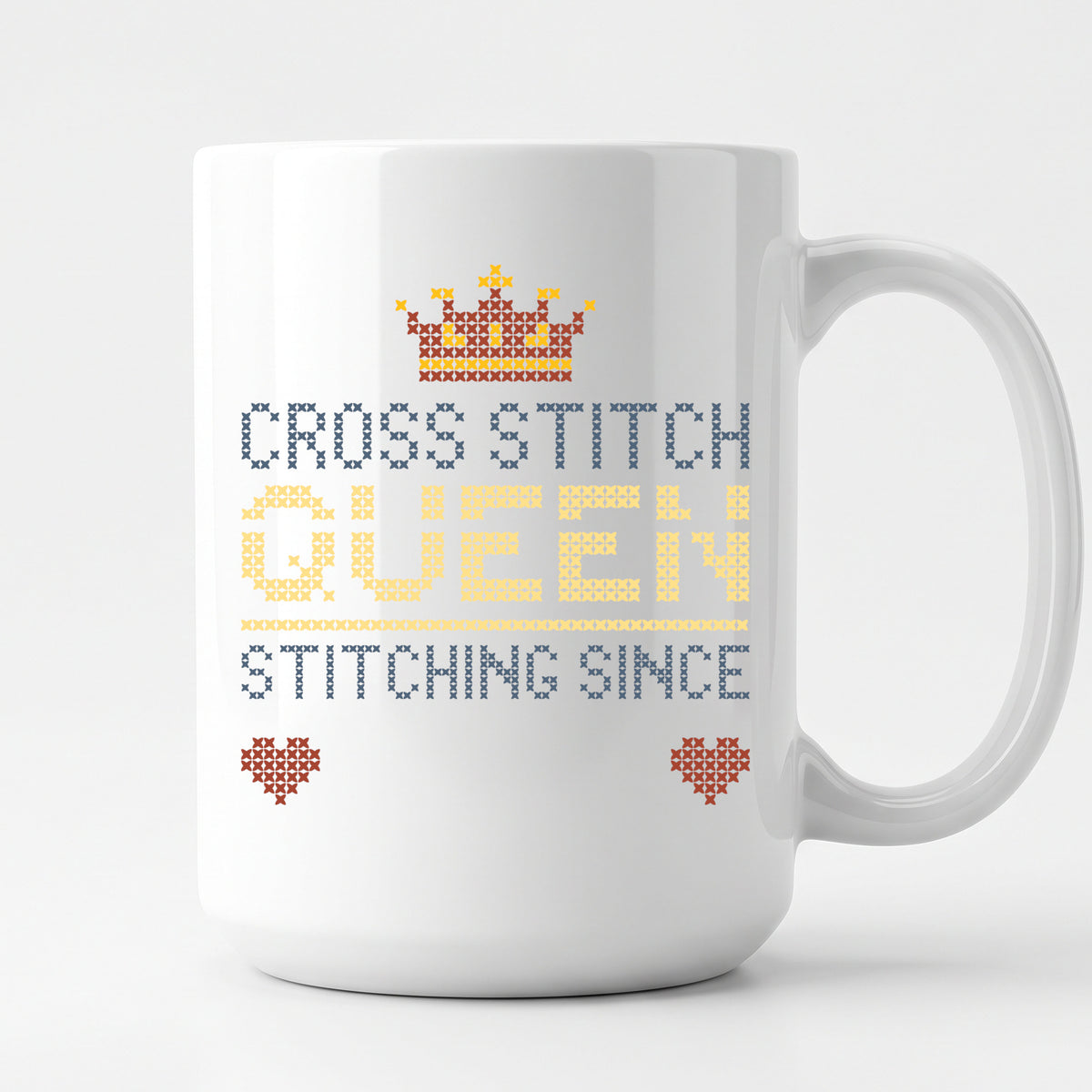 "Cross Stitch Queen [Year]" Faux Cross Stitch Coffee Cup | Custom Year