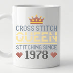 "Cross Stitch Queen [Year]" Faux Cross Stitch Coffee Cup | Custom Year