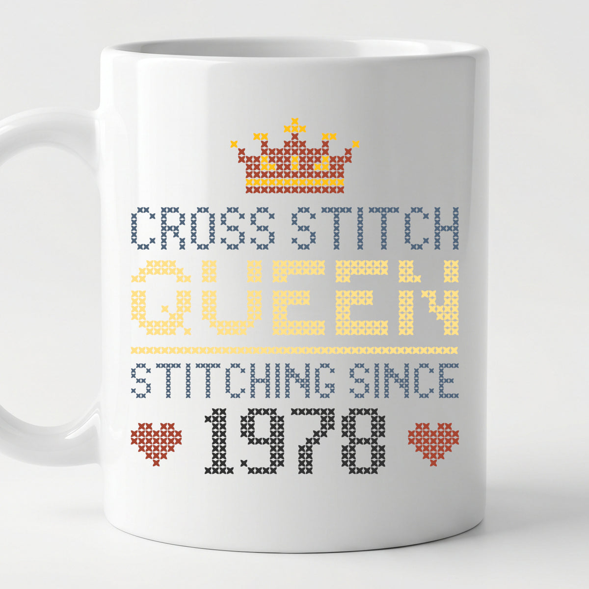 "Cross Stitch Queen [Year]" Faux Cross Stitch Coffee Cup | Custom Year
