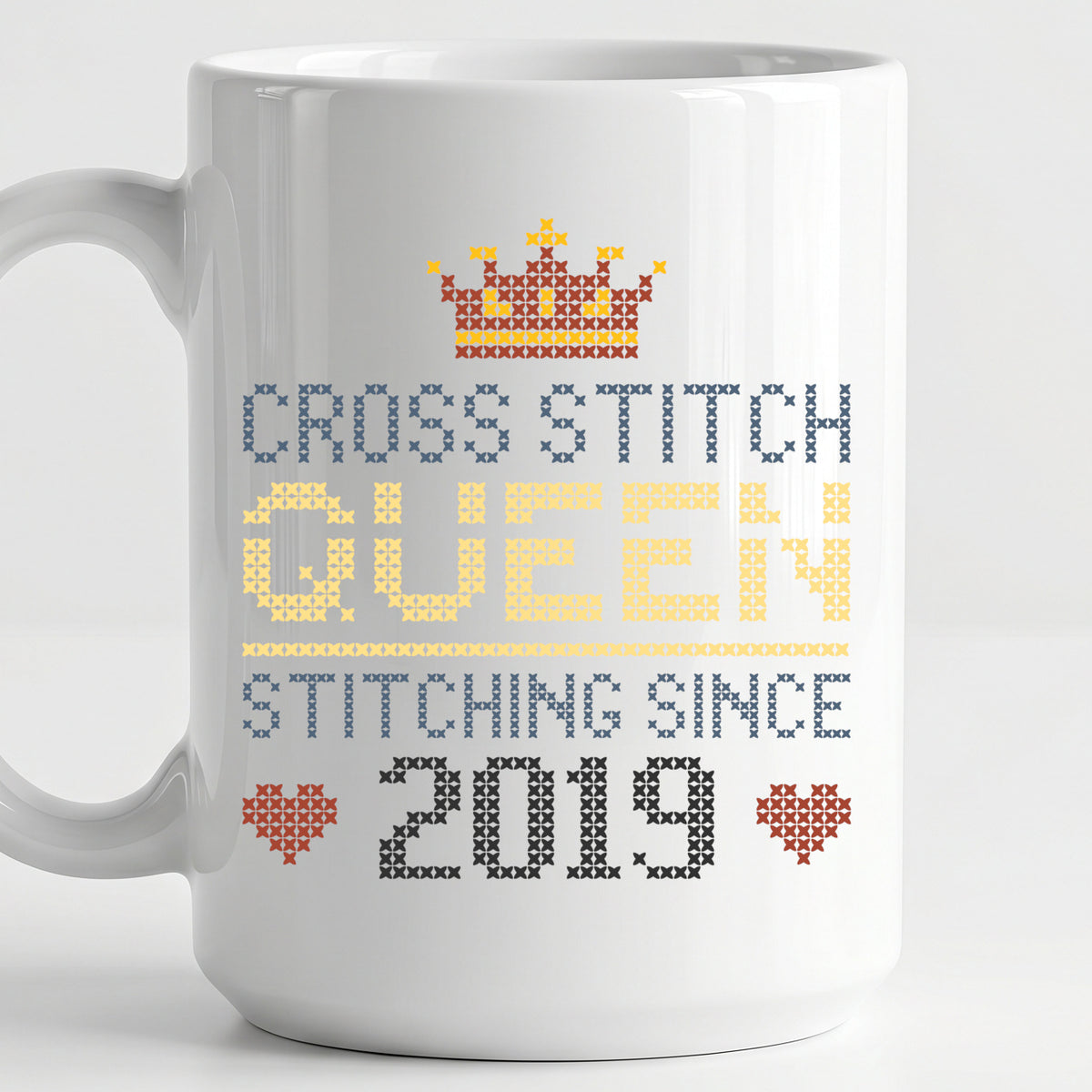 "Cross Stitch Queen [Year]" Faux Cross Stitch Coffee Cup | Custom Year