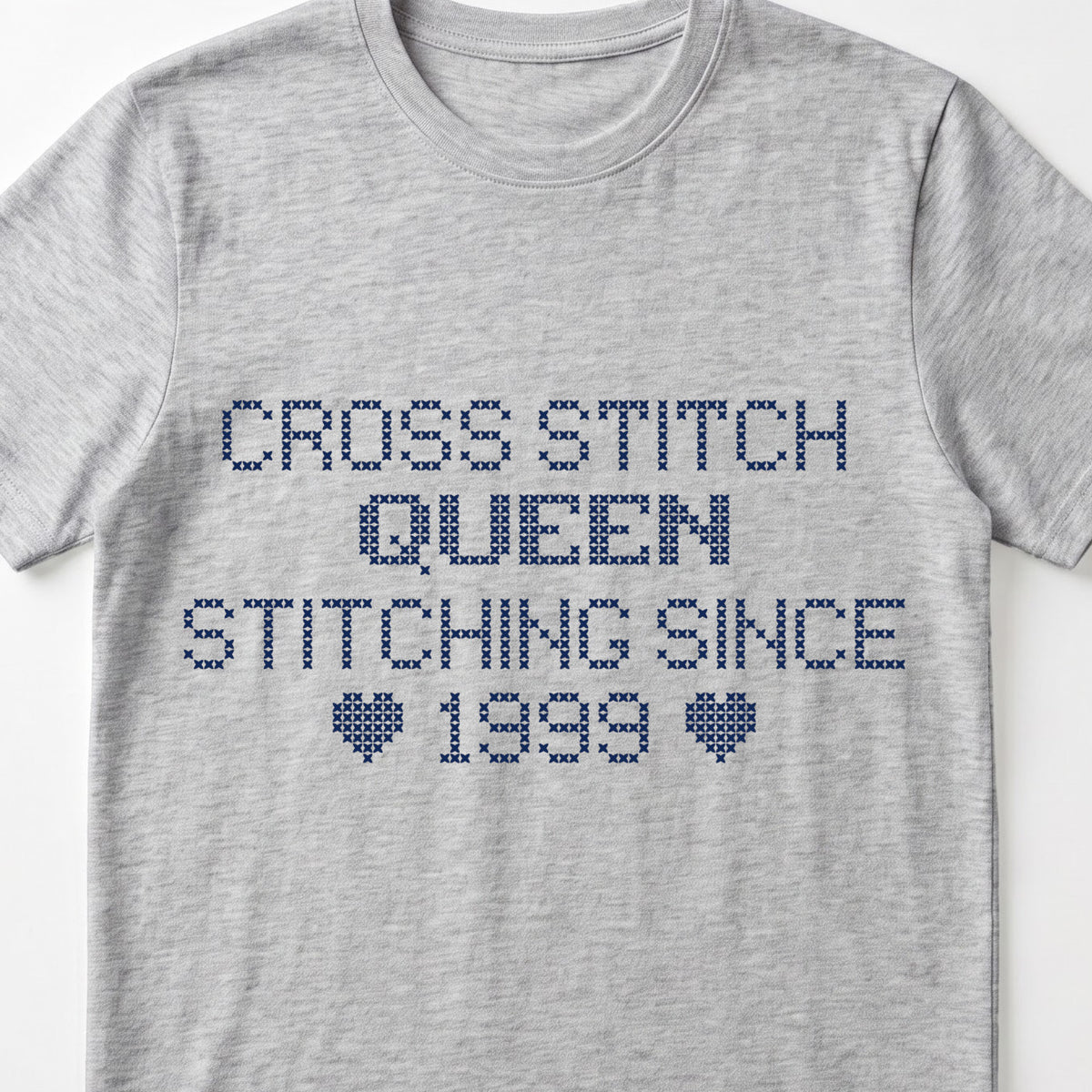 "Cross Stitch Queen - Stitching since [Year]" Custom Faux Cross Stitch T-Shirt | Personalized Year