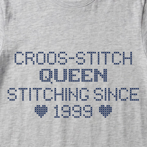 "Cross Stitch Queen - Stitching since [Year]" Custom Faux Cross Stitch T-Shirt | Personalized Year