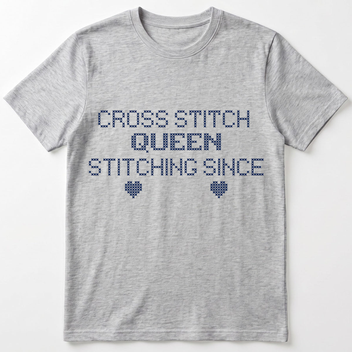 "Cross Stitch Queen - Stitching since [Year]" Custom Faux Cross Stitch T-Shirt | Personalized Year