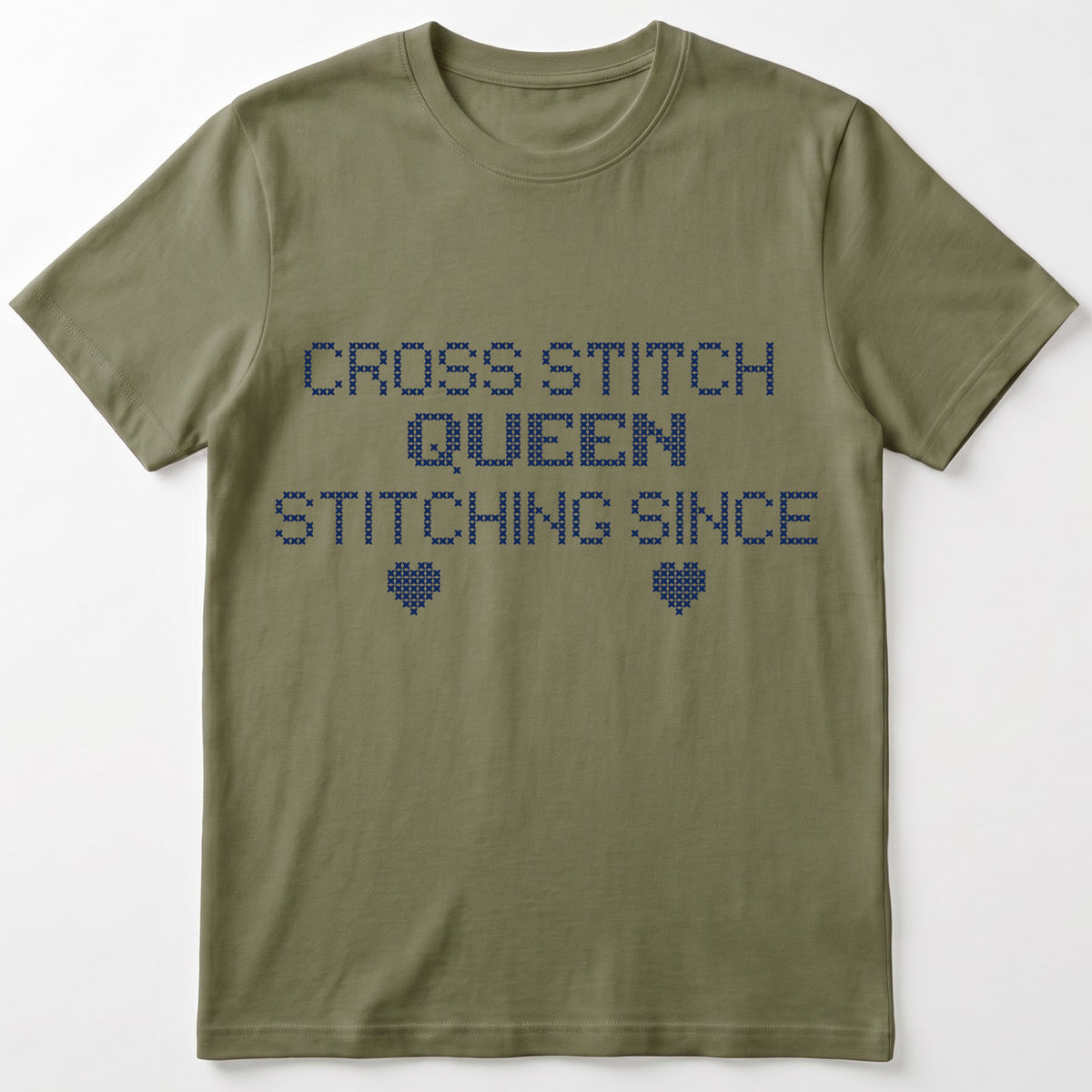 "Cross Stitch Queen - Stitching since [Year]" Custom Faux Cross Stitch T-Shirt | Personalized Year