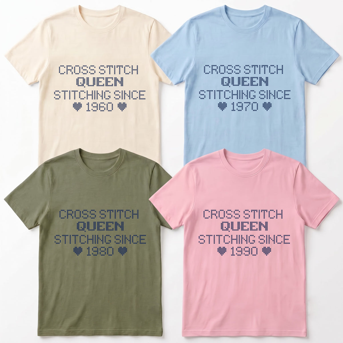 "Cross Stitch Queen - Stitching since [Year]" Custom Faux Cross Stitch T-Shirt | Personalized Year