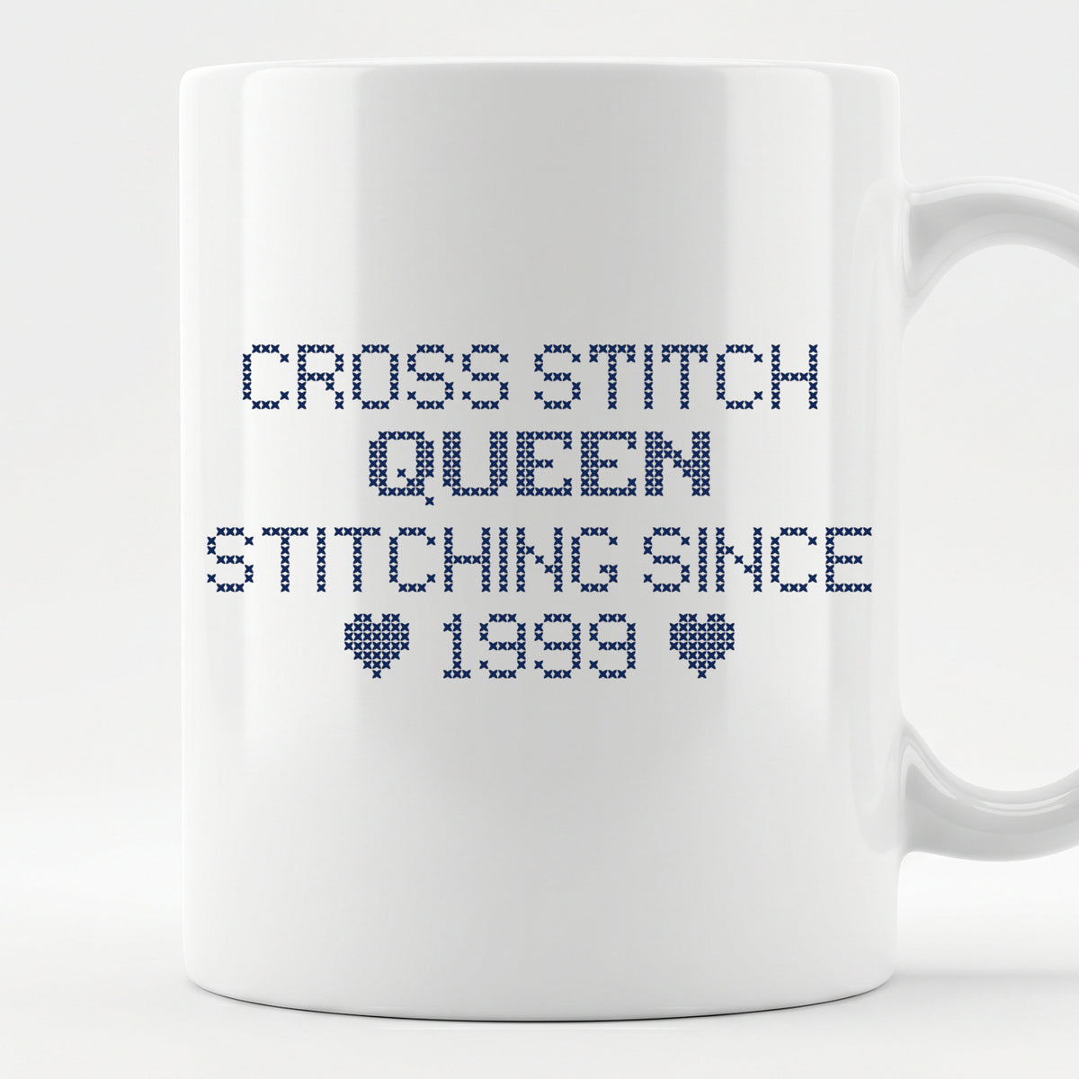 "Cross Stitch Queen - Stitching since [Year]" Custom Faux Cross Stitch Mug | Personalized Year