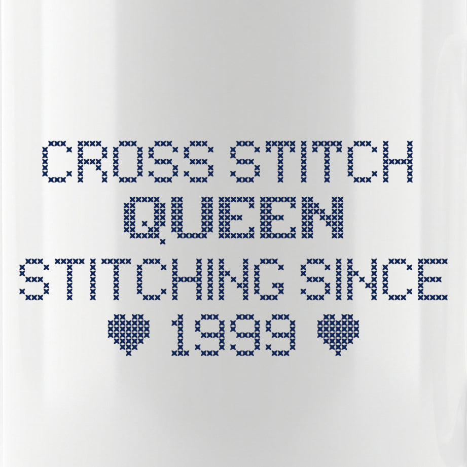 "Cross Stitch Queen - Stitching since [Year]" Custom Faux Cross Stitch Mug | Personalized Year