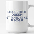 "Cross Stitch Queen - Stitching since [Year]" Custom Faux Cross Stitch Mug | Personalized Year
