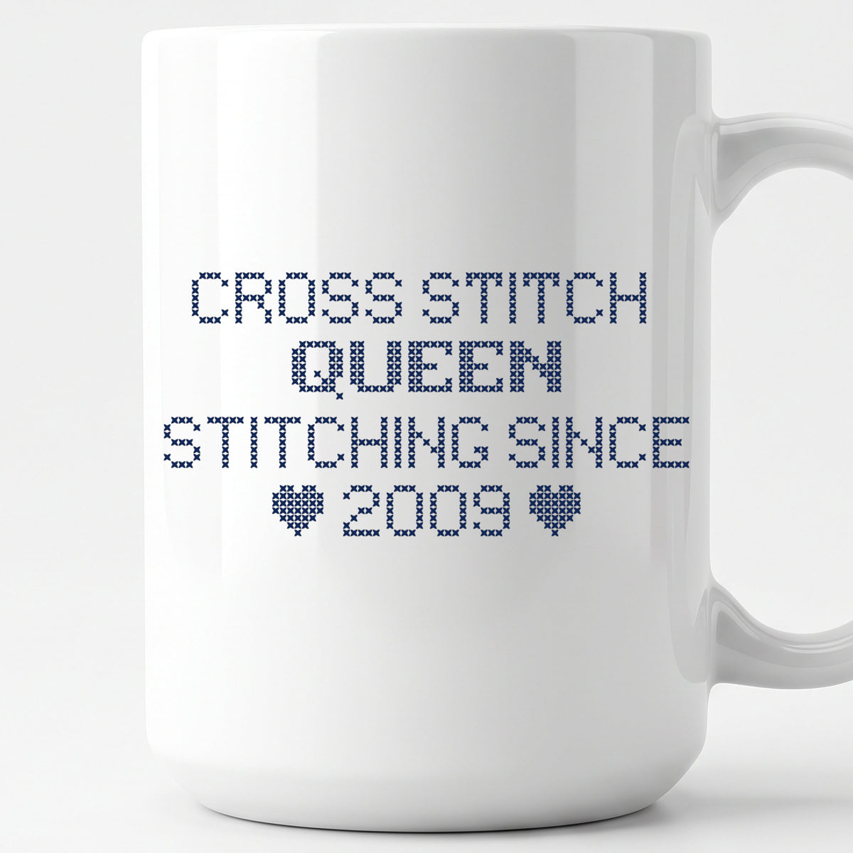 "Cross Stitch Queen - Stitching since [Year]" Custom Faux Cross Stitch Mug | Personalized Year