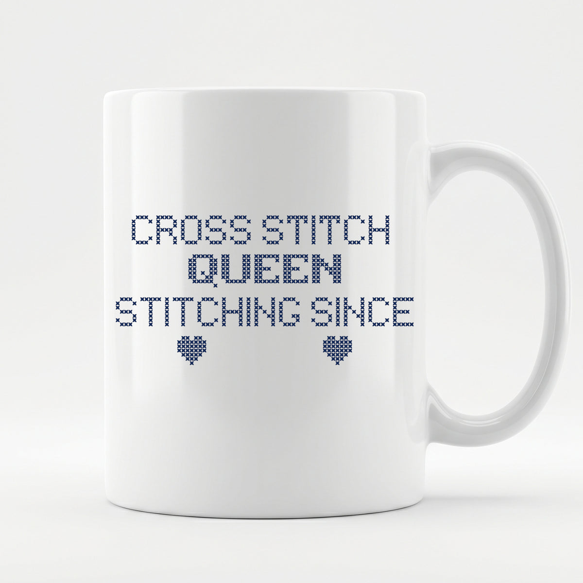 "Cross Stitch Queen - Stitching since [Year]" Custom Faux Cross Stitch Mug | Personalized Year