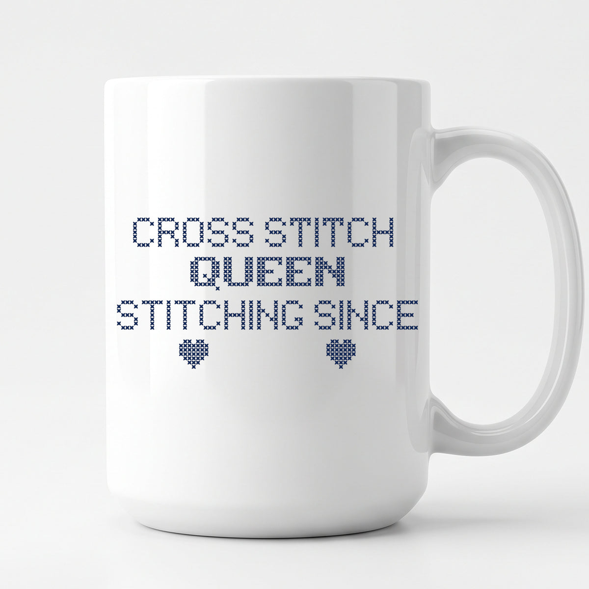 "Cross Stitch Queen - Stitching since [Year]" Custom Faux Cross Stitch Mug | Personalized Year