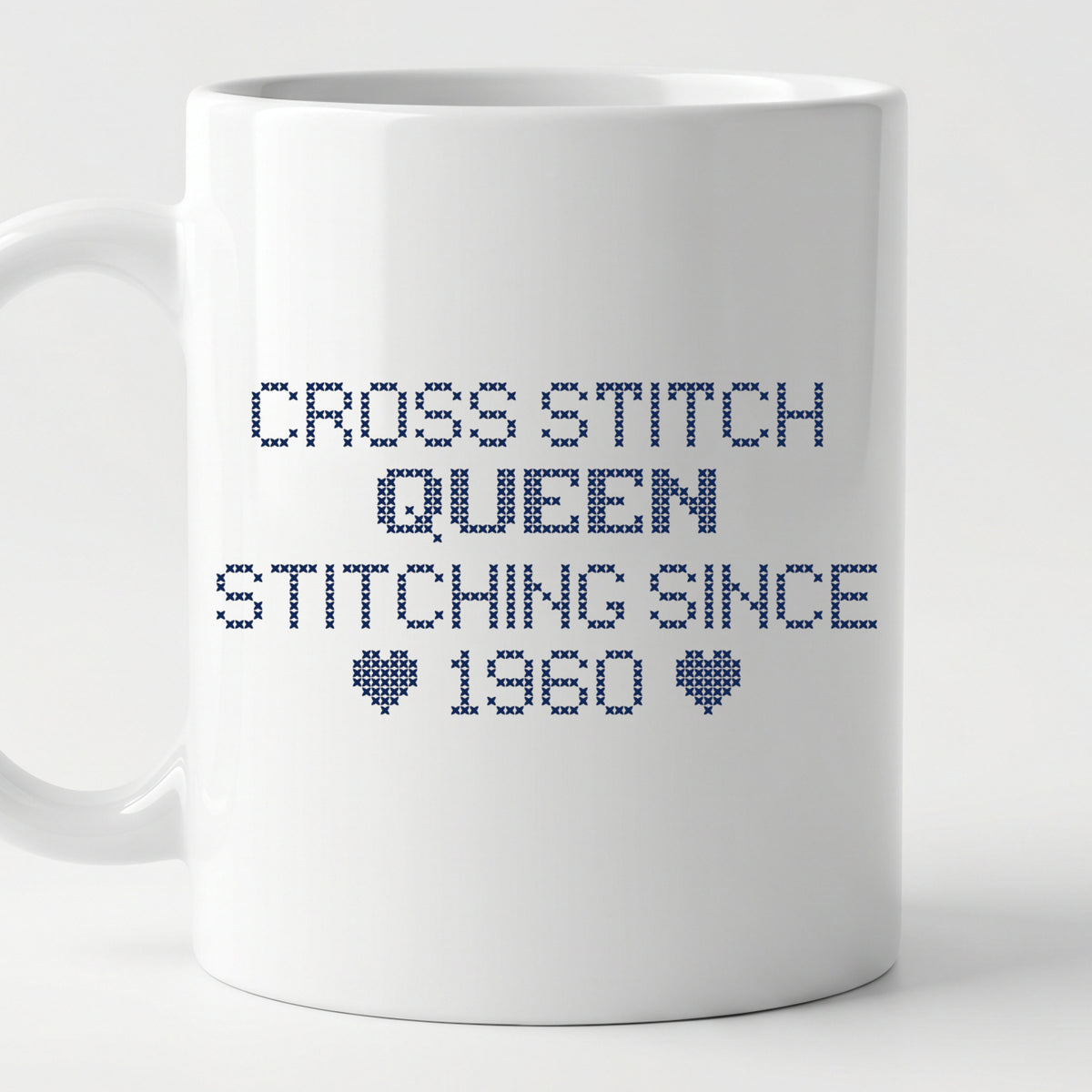 "Cross Stitch Queen - Stitching since [Year]" Custom Faux Cross Stitch Mug | Personalized Year