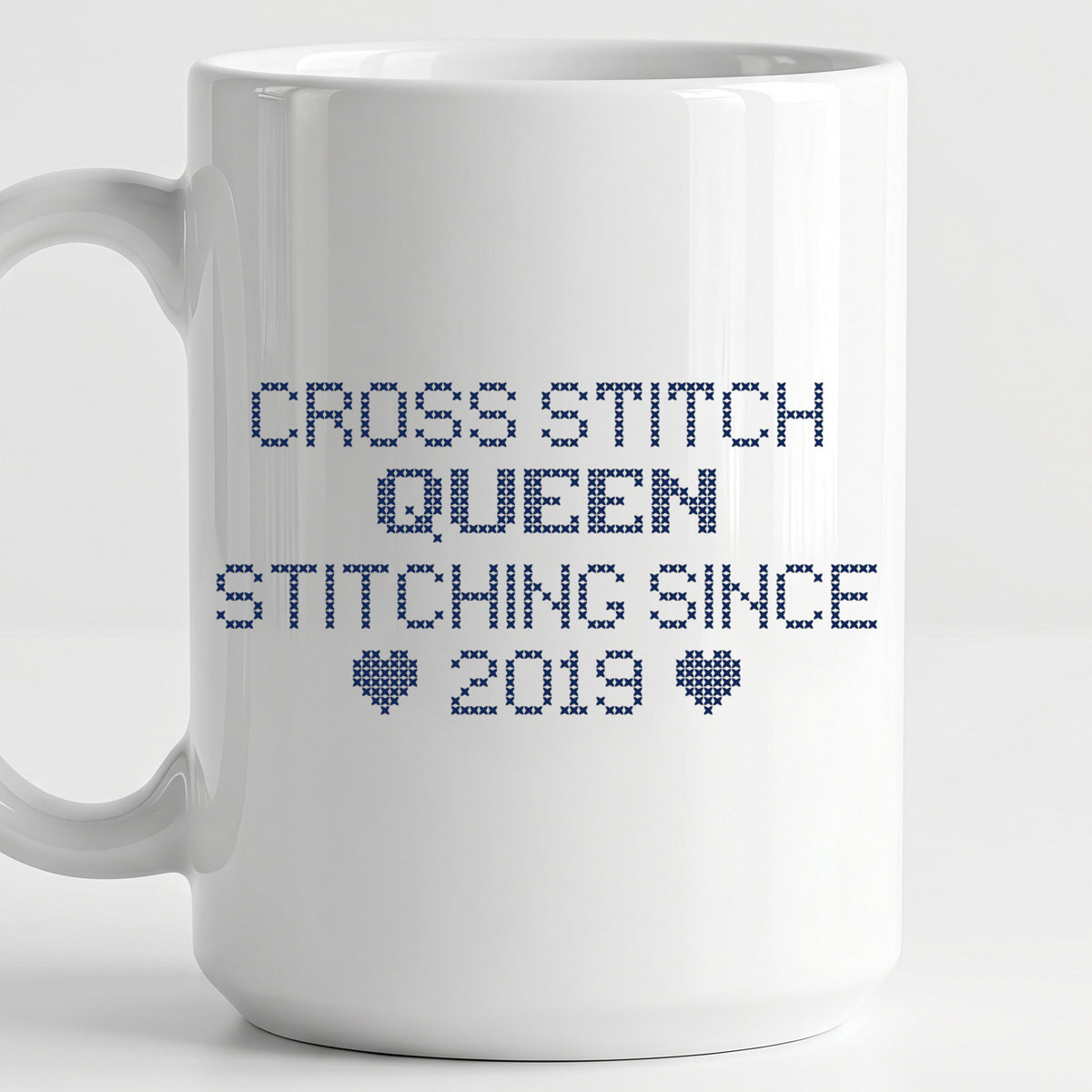 "Cross Stitch Queen - Stitching since [Year]" Custom Faux Cross Stitch Mug | Personalized Year