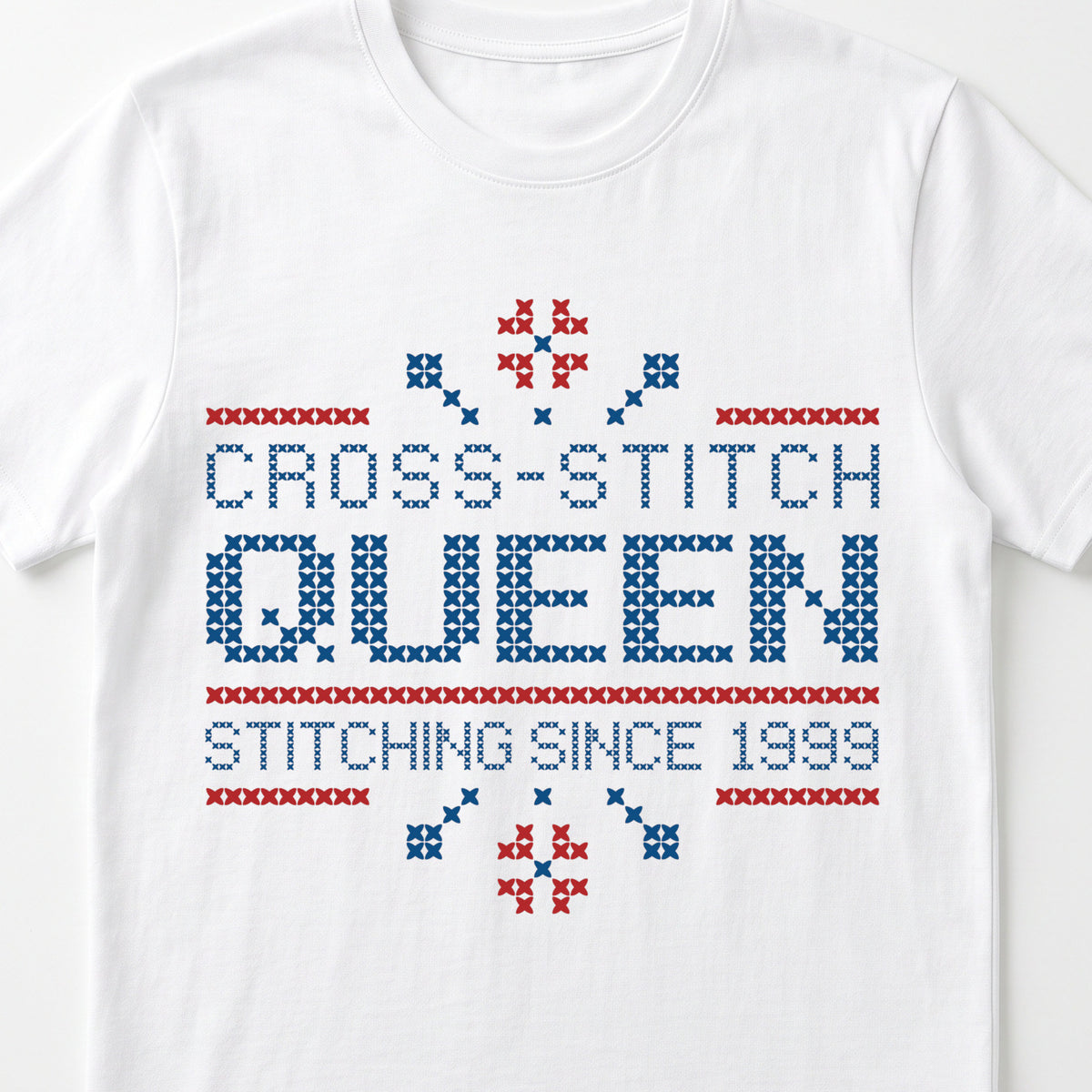 "Cross Stitch Queen - Stitching since [Year]" Faux Cross Stitch T-Shirt | Custom Year