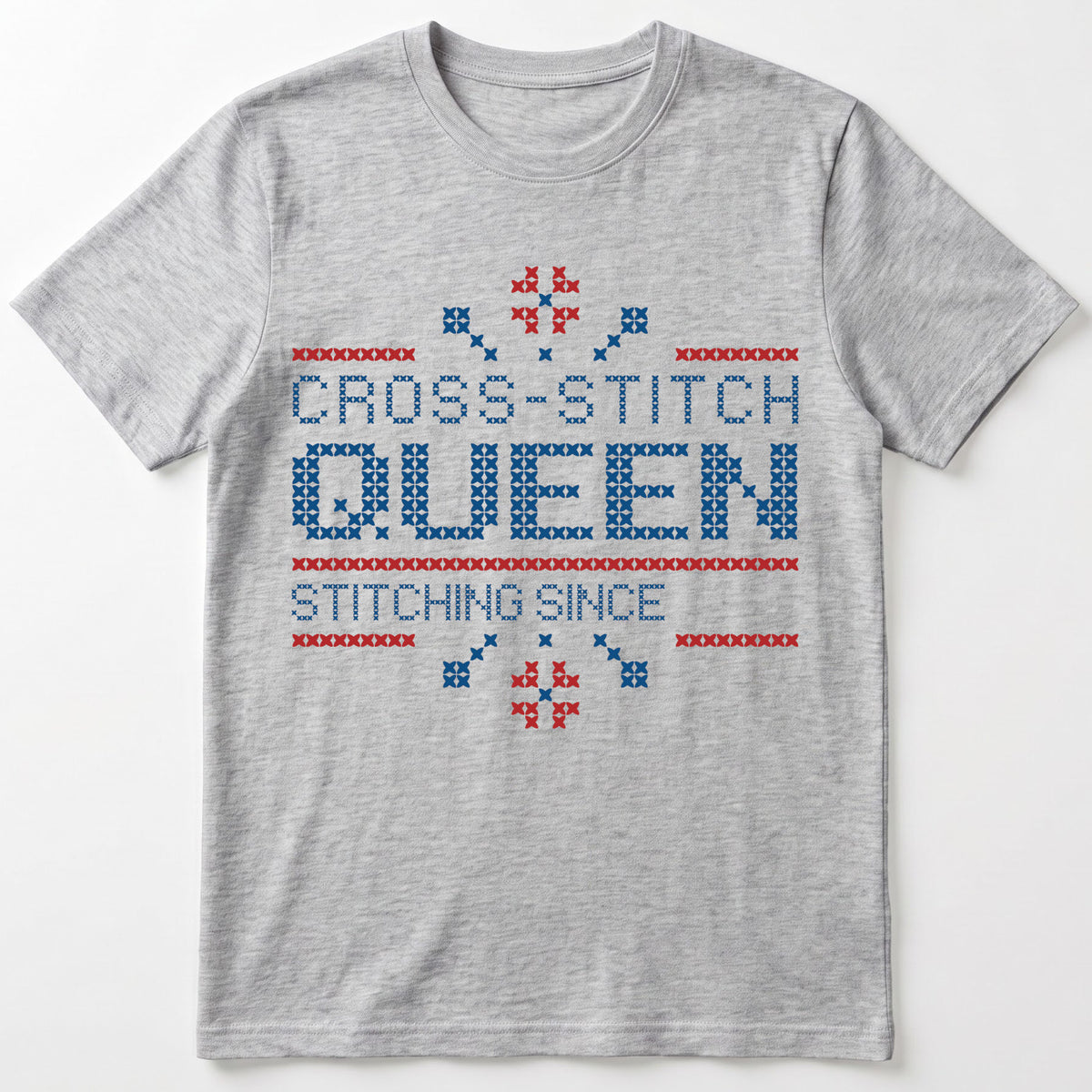 "Cross Stitch Queen - Stitching since [Year]" Faux Cross Stitch T-Shirt | Custom Year