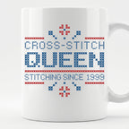 "Cross Stitch Queen - Stitching since [Year]" Faux Cross Stitch Coffee Cup | Custom Year