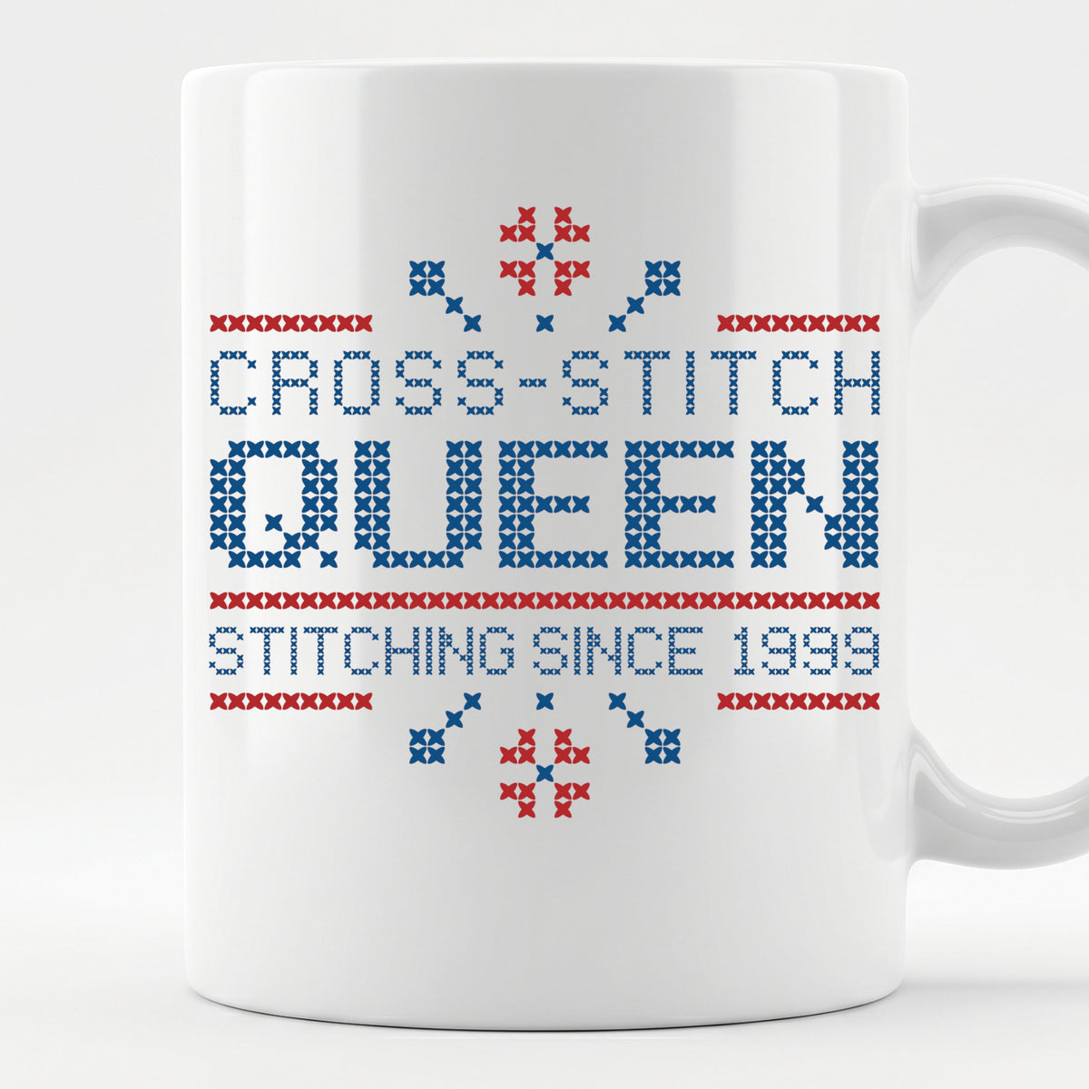 "Cross Stitch Queen - Stitching since [Year]" Faux Cross Stitch Coffee Cup | Custom Year