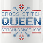 "Cross Stitch Queen - Stitching since [Year]" Faux Cross Stitch Coffee Cup | Custom Year