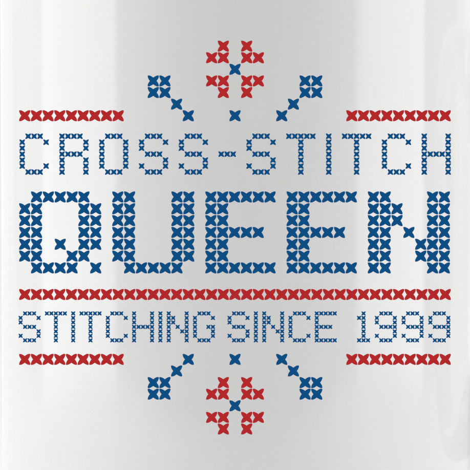"Cross Stitch Queen - Stitching since [Year]" Faux Cross Stitch Coffee Cup | Custom Year