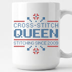 "Cross Stitch Queen - Stitching since [Year]" Faux Cross Stitch Coffee Cup | Custom Year