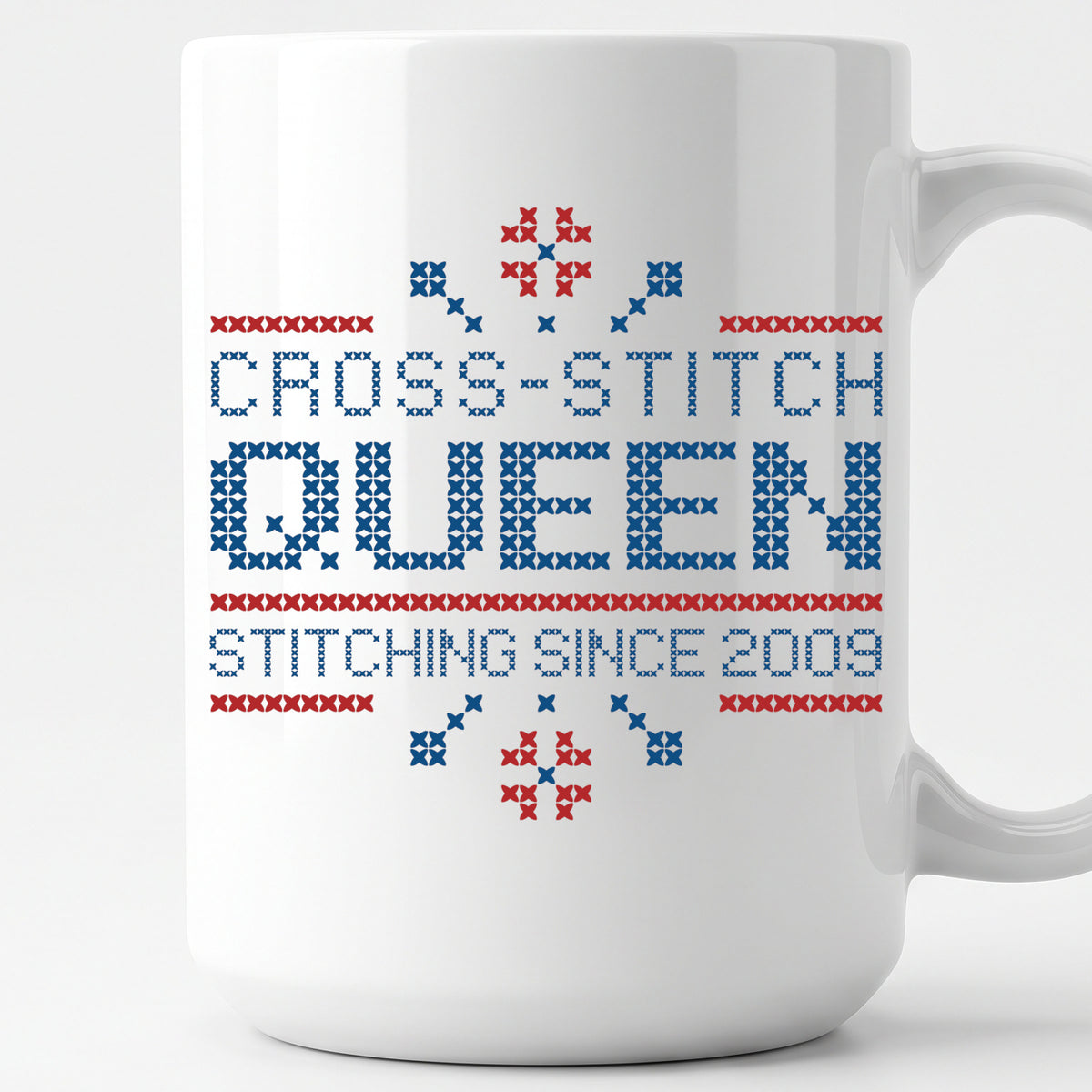 "Cross Stitch Queen - Stitching since [Year]" Faux Cross Stitch Coffee Cup | Custom Year