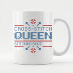 "Cross Stitch Queen - Stitching since [Year]" Faux Cross Stitch Coffee Cup | Custom Year