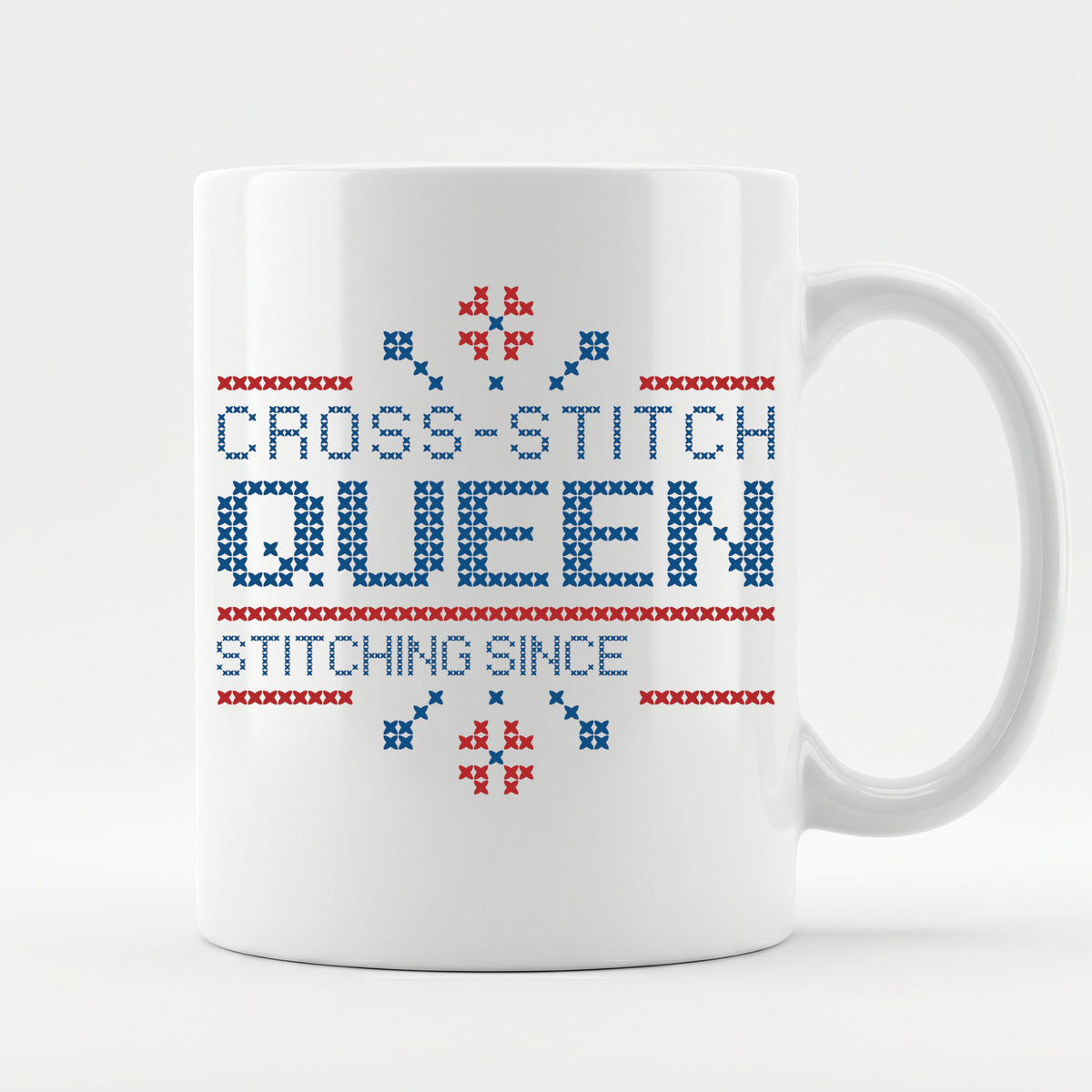 "Cross Stitch Queen - Stitching since [Year]" Faux Cross Stitch Coffee Cup | Custom Year