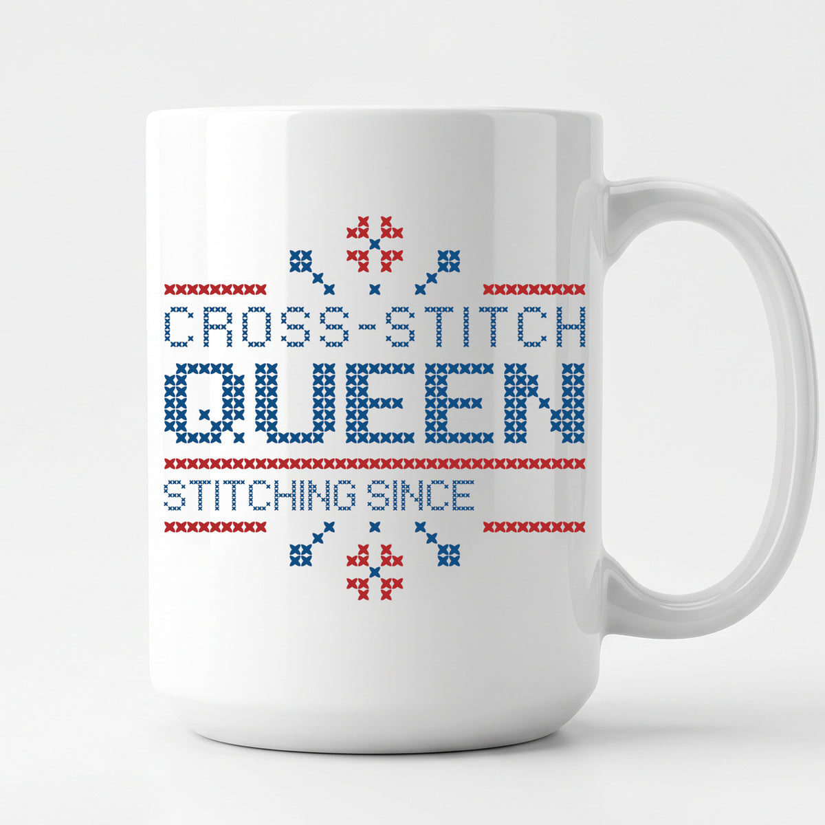 "Cross Stitch Queen - Stitching since [Year]" Faux Cross Stitch Coffee Cup | Custom Year