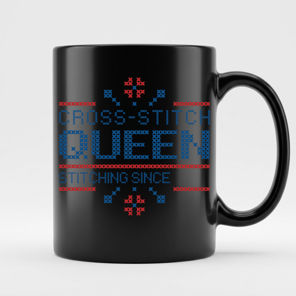 "Cross Stitch Queen - Stitching since [Year]" Faux Cross Stitch Coffee Cup | Custom Year